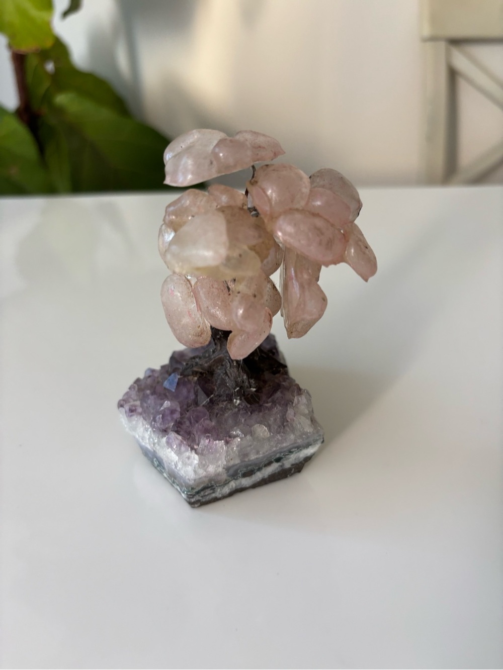 Rose Quartz Gemstone bonsai Tree on Amethyst Base - Pink Decorative Home Art